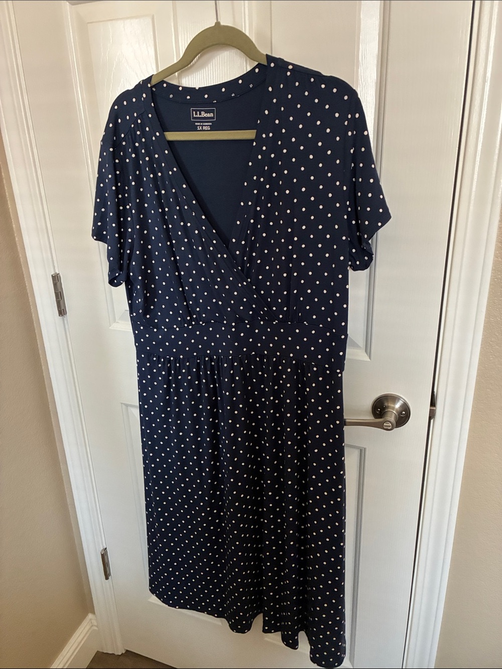 L.L. Bean Navy and White Polka Dot Wrap-Style Midi Dress